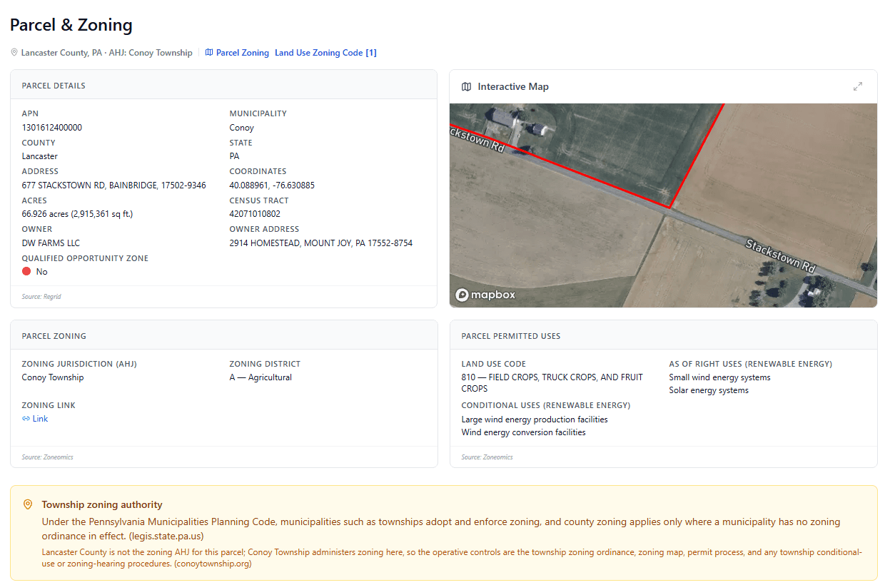 Spark Reports showing parcel analysis with zoning, permitted uses, and interactive map